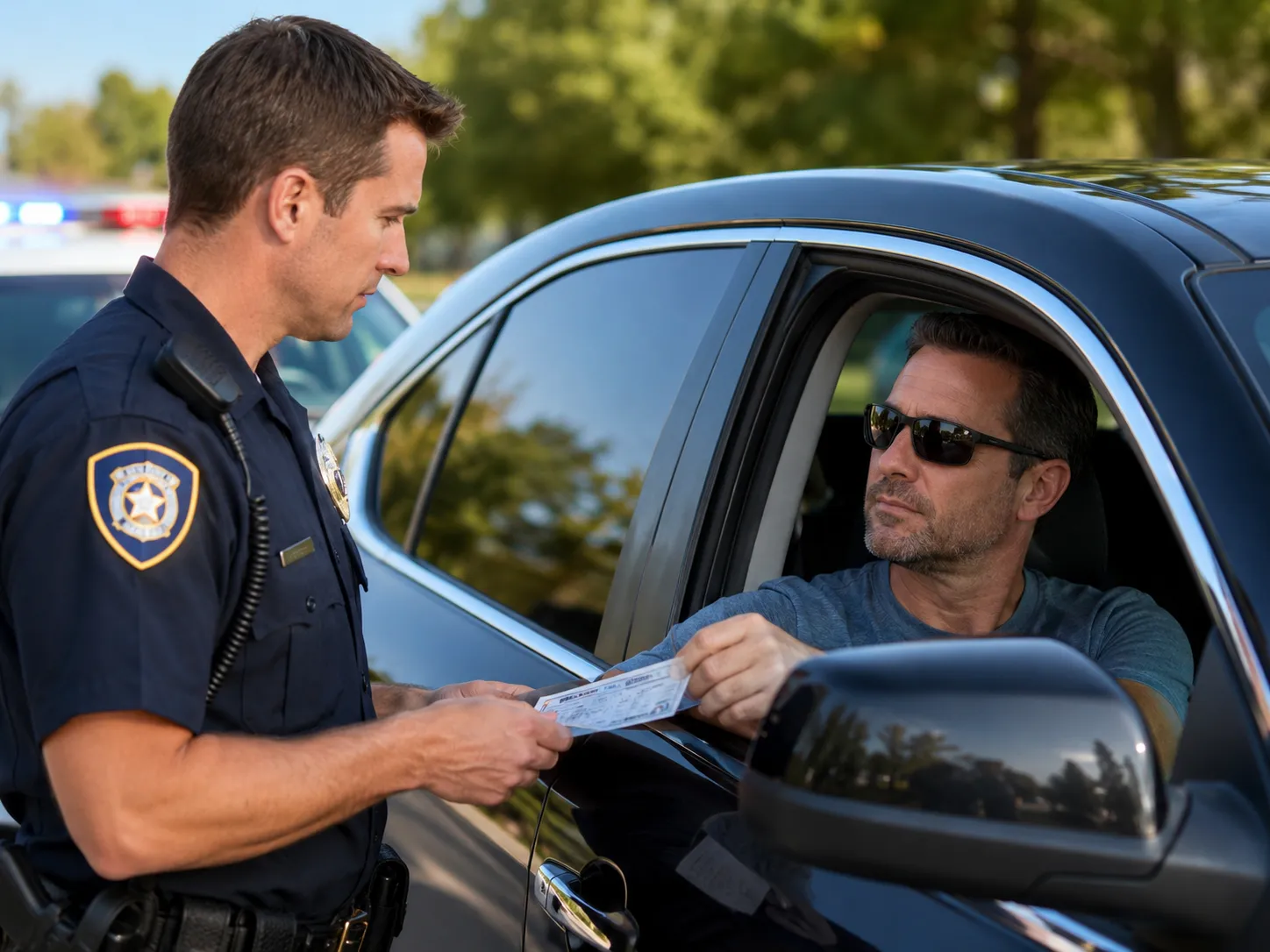 Driver handing a medical tint exemption certificate to a police officer during a traffic stop
